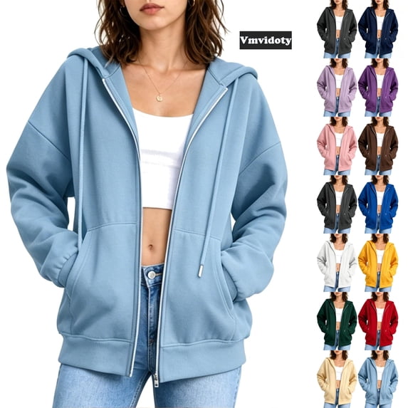 Hoodies Women Zip Up Hoodie Oversized Sweatshirt Soft Warm Jackets Spring Fall Winter Coats 2026 Fashion Light Blue L