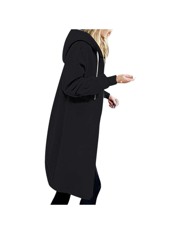 Hoodies for Women Zpanxa Women's Casual Zip up Hoodies, Long Tunic Sweatshirts Jackets, Plus Size Winter Hoodie Warm Coats with Pockets, Fleece Mid Length Hoodies Jackets Outwear Black S
