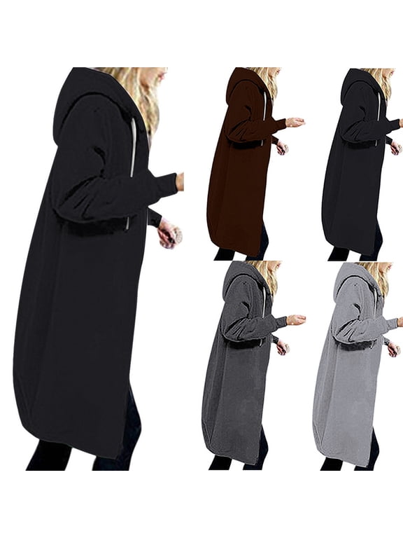 Hoodies for Women Zpanxa Women's Casual Zip up Hoodies, Long Tunic Sweatshirts Jackets, Plus Size Winter Hoodie Warm Coats with Pockets, Fleece Mid Length Hoodies Jackets Outwear Black L
