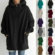 Hoodies for Women Zpanxa Women's Solid Color Zip up Hoodie, Long Tunic Sweatshirts Jackets, Plus Size Winter Warm Coats, Mid Length Hoodies Jackets Outwear with Pockets Black L