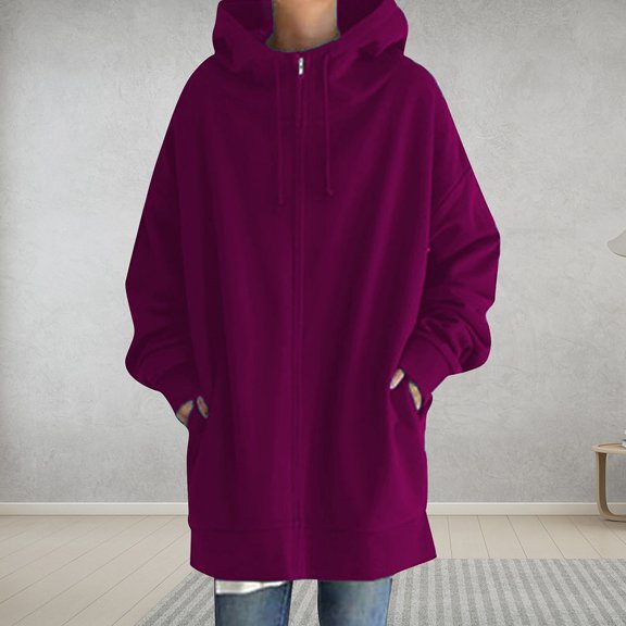 Hoodies for Women Zpanxa Women's Solid Color Zip up Hoodie, Long Tunic Sweatshirts Jackets, Plus Size Winter Warm Coats, Mid Length Hoodies Jackets Outwear with Pockets Hot Pink S