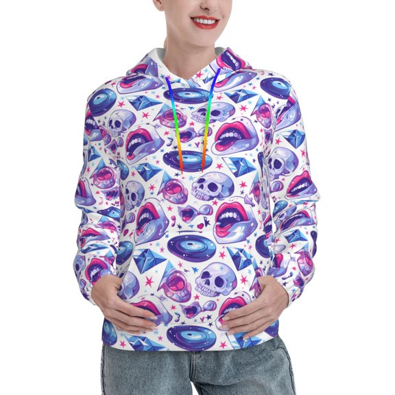 Hoodies for Women - crystal Skull record lips Comfrt Colour Drawstring Women'S Fashion Hoodies & Sweatshirts, Fall Outfits Clothes for Women 2024 Pullover with Kangaroo Pocket