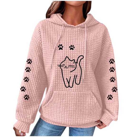 Hoodies for Women s Long Sleeve Fleece Sweatshirts Cats and Paw Printed Hooded Pullover Autumn Winter Sweaters Activewear Waffle Hoody Fleece Lined Tops with Hood and Pockets S-XXL