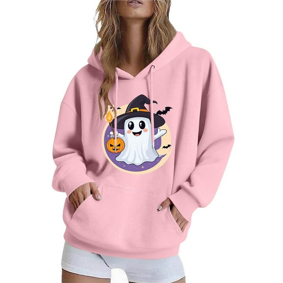 Hoodies for Womens 2025 Fall Halloween Costume Hooded Jacket Loose Casual Fleece Sweatshirts Halloween Ghost Graphic Printed Long Sleeve Sweaters Pullover with Pocket