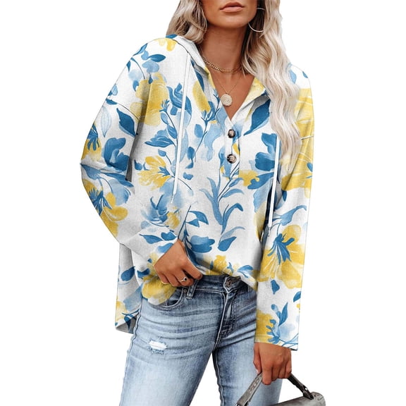 Hoodies for Womens Fashion Vintage Printed Sweatshirts Button Collar Drawstring Long Sleeved Hooded Pullover Sweatshirt Casual Long Sleeve Outwears Tops