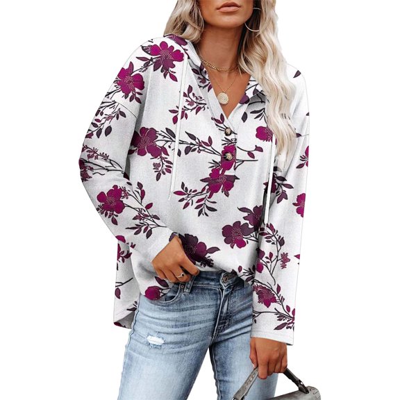 Hoodies for Womens Fashion Vintage Printed Sweatshirts Button Collar Drawstring Long Sleeved Hooded Pullover Sweatshirt Casual Long Sleeve Outwears Tops