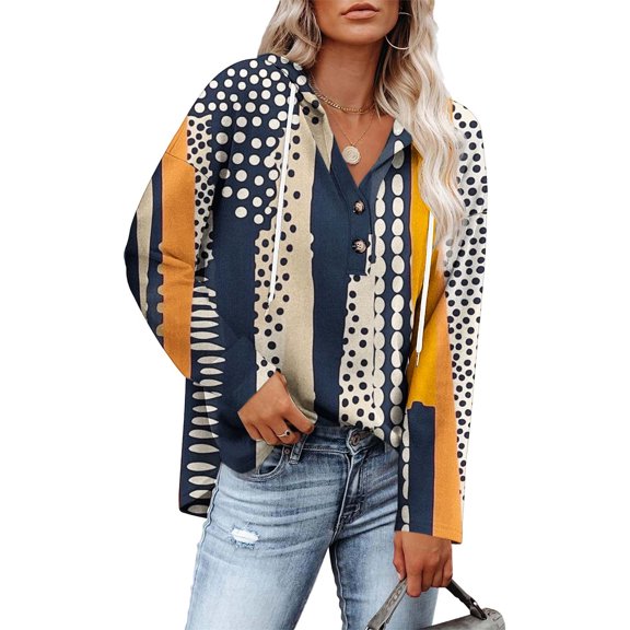 Hoodies for Womens Fashion Vintage Printed Sweatshirts Button Collar Drawstring Long Sleeved Hooded Pullover Sweatshirt Casual Long Sleeve Outwears Tops