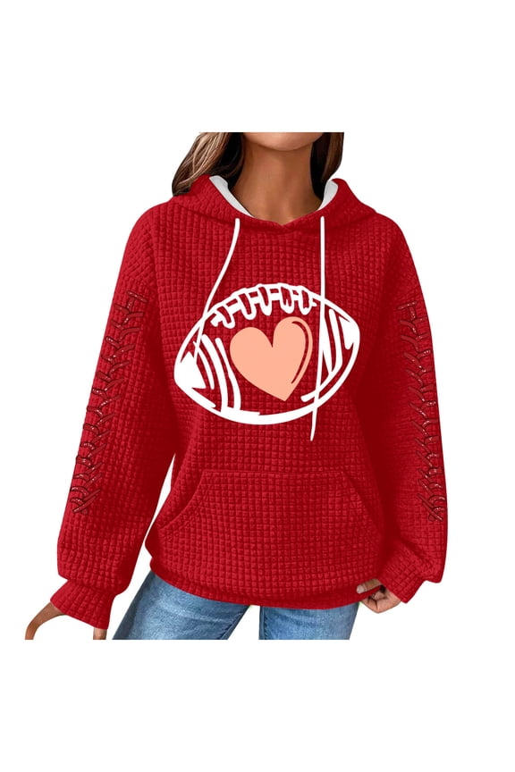 Hoodies for Womens Knit Waffle Tops 2026 Fall Clothes Fashion Rugby Printing Hooded Sweatshirts Long Sleeve Raglan Sweater Pullover Jacket with Pocket Winter Outwears