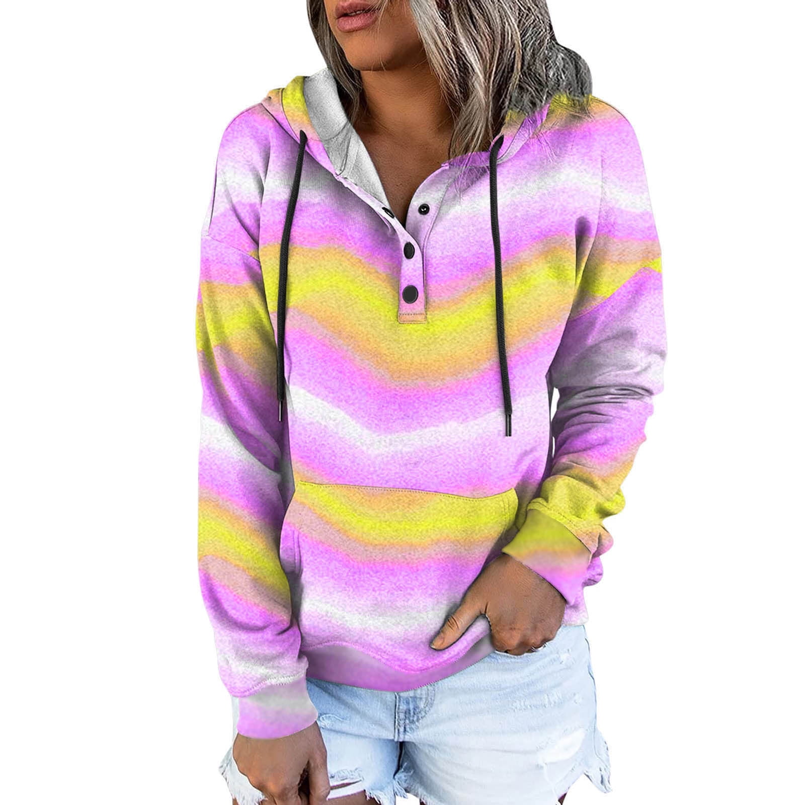 Hoodies Y2k Ladies Casual Fall Winter Pocket Gradient Print Long Sleeve