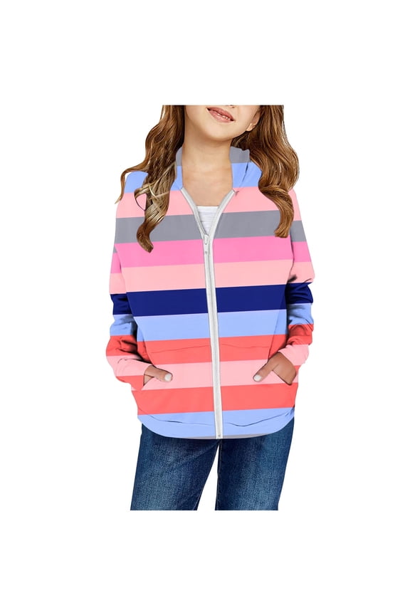 Hoodies for Baby Girls Plus Size Color Block Long Sleeve Hooded Sweatshirt Basic Zip-Up Jersey Jacket Tops with Pockets for Gifts,Blue 3,5-6 Years