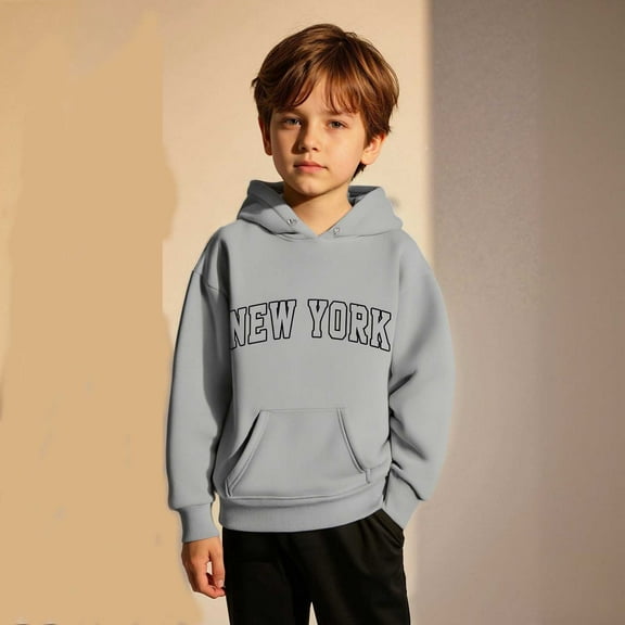 Hoodies for Boys City Name Letter Print Grey Hoodies Long Sleeve Soft Sweatshirts Top Winter Clothes 8-10 Years Boy Clothes