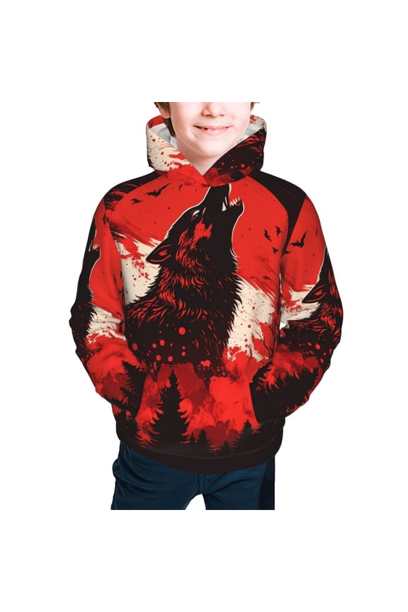 Hoodies for Boys Girls Sweashirts Youth Teen Hoodie, Howling Wolf Blood Red Moon Cool