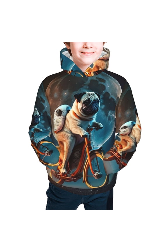 Hoodies for Boys Girls Sweashirts Youth Teen Hoodie, Pug Riding To The Moon Funny