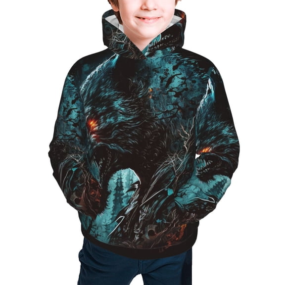 Hoodies for Boys Girls Sweashirts Youth Teen Hoodie, Werewolf Howling Night Cool Wolf
