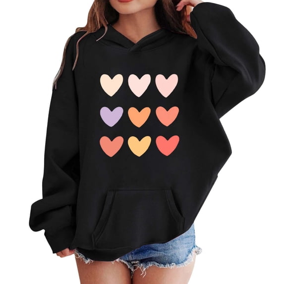Hoodies for Boys Heart Print Cozy Hooded Long Sleeve Pocket Pullover Top for Casual Wear Boy's Sweatshirts Black 3 Years-4 Years