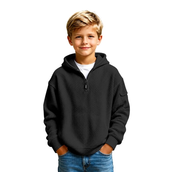 Hoodies for Boys Quarter Zip Waffle Knit Pullover Hooded Sweatshirt Tops Fall Winter Casual Sweatshirts Back to School Clothes 3-14 Years