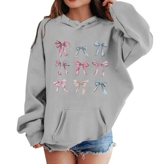 Hoodies for Girls 14-16 Hooded Neck Pullover Hoodie Fashion Graphic Print Sweatshirts Children Kid's Fall Winter Outfits Grey