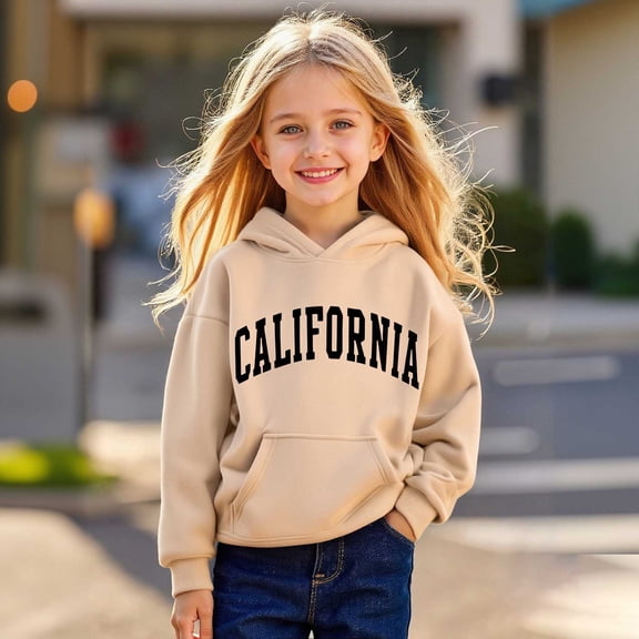 Hoodies for Girls City Name Letter Print Khaki Hoodies Casual Long Sleeve Classic Hoodie Fall Clothes Toddler Girls Clothes 4T