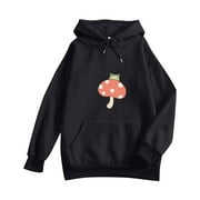 Hoodies for Girls Cute Frog and Mushroom Print Crewneck Sweatshirts Drawstring Juniors Pullover Tops with Pockets Shermie