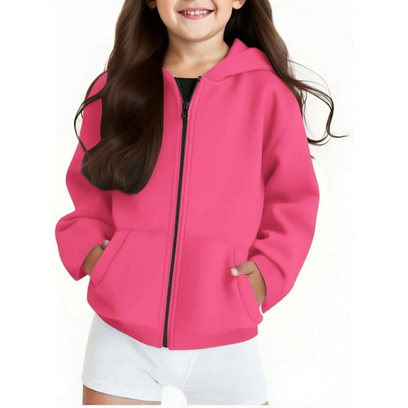 Hoodies for Girls Kids Pink Hooded Long Sleeve Zip Up Hoodie Sweatshirt Fall Clothes Little Girls Clothes 7-8 Years