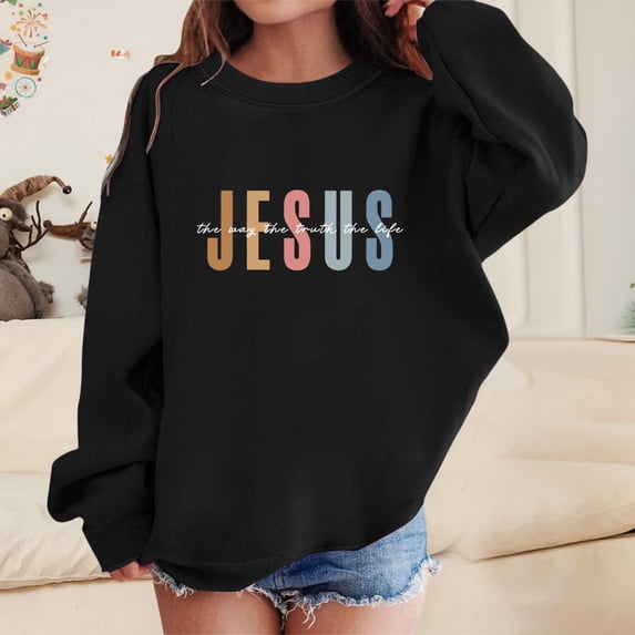 Hoodies for Girls Loose Fit Letter Printed Crewneck Long Sleeve Sweatshirt Top Casual Wear Sweatshirts for Girls Black 3 Years-4 Years