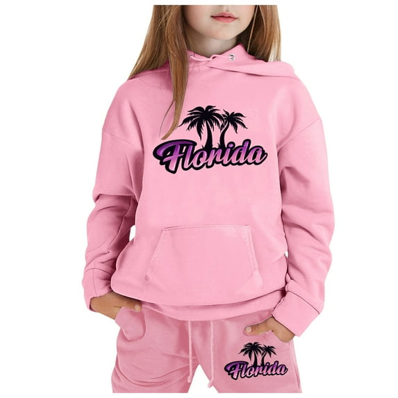 Hoodies for Girls Set 2PC Long Hooded Sweatshirts for Boys Pullover Florida Letter Print for 2-13 Years Outfits Kids Sweatsuit(100 2-3 Years,Pink)