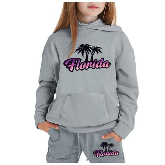 Hoodies for Girls Set 2PC Long Hooded Sweatshirts for Boys Pullover Florida Letter Print for 2-13 Years Outfits Kids Sweatsuit(130 6-7 Years,Grey)