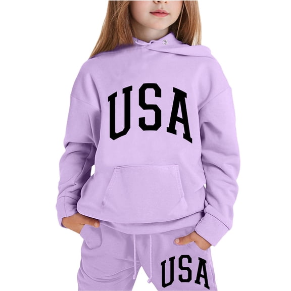 Hoodies for Girls Set 2PC Long Hooded Sweatshirts for Boys Pullover USA Letter Print for 2-13 Years Outfits Kids Sweatsuit(110 3-4 Years,)