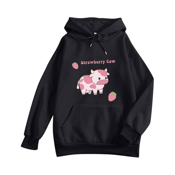 Hoodies for Juniors Cute Strawberry Cow Print Drawstring Hooded Pullover Sweatshirts with Pockets Shermie