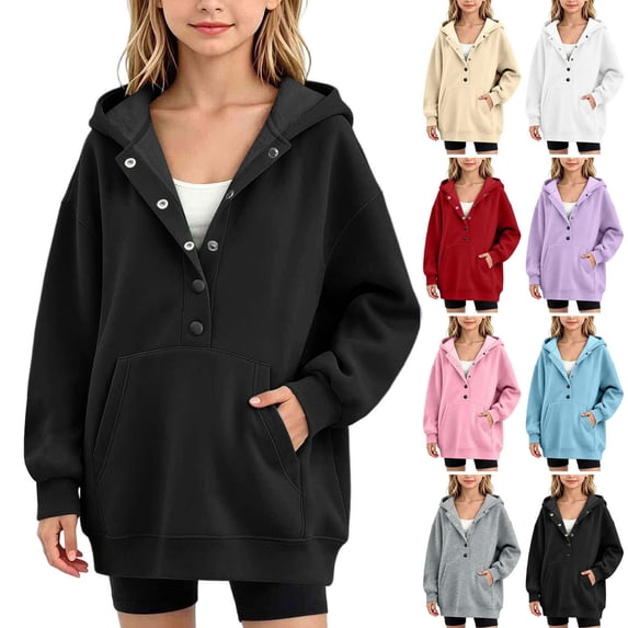 Hoodies for Kids Dqueduo Kids' Fashion Solid Color Long Sleeve Snap Button Closure Pocket Hoodie Sweatshirt Jacket For Girls, Sizes 4-14 Years