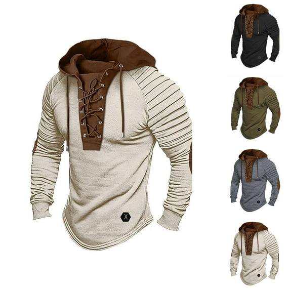 Hoodies for Men 2025 Fall Winter Color Block Long Sleeve Lace Up Hooded Sweatshirt Pullover Hoody Mens Hoodies