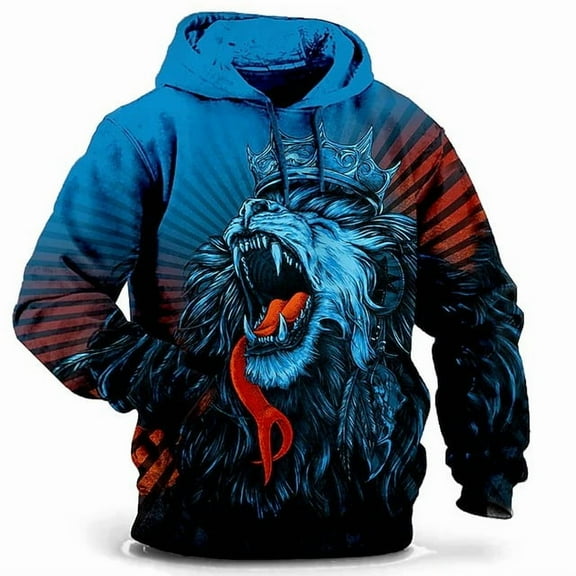 Hoodies for Men 3D Print Animal Cartoon Graphic Sweatshirt Pocket Pullover Hoodie Long Sleeve Tops for Teens Blue XL