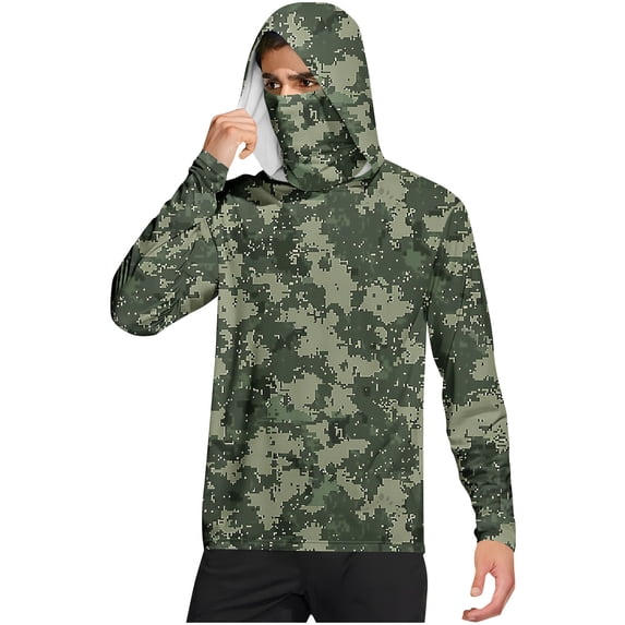 Hoodies for Men Camouflage UPF 50+ Sun Protection Hoodie Long Sleeve Fishing Hiking Shirt with Face Mask L