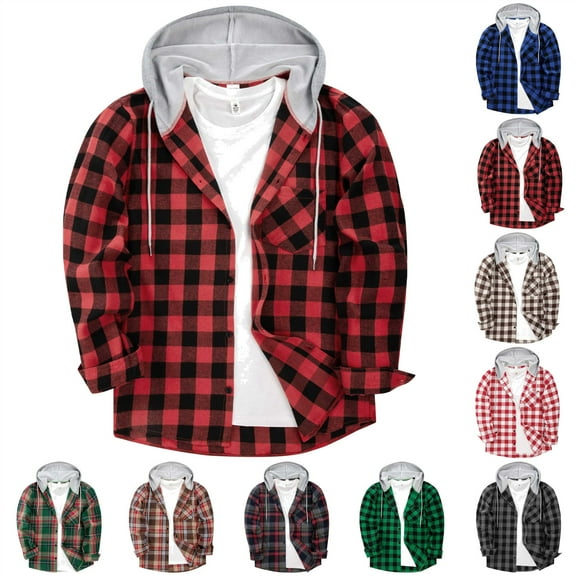 BiZtdJrK Hoodies for Men Casual Button Down Plaid Shirt Jackets Christmas Long Sleeve Hooded Sweatshirts with Chest Pocket, Blue, XXL