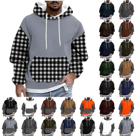 BiZtdJrK Hoodies for Men Christmas Plaid Patchwork Long Sleeve Hooded Sweatshirts Winter Warm Fleece Lined Pullover Tops with Pocket, Brown, XXXXL