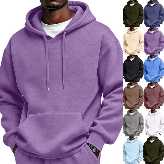 Hoodies for Men Comfort Long Sleeve Cotton Pullover Hoodies Winter Plain Oversized Hooded Sweatshirt with Pockets Purple 2XL