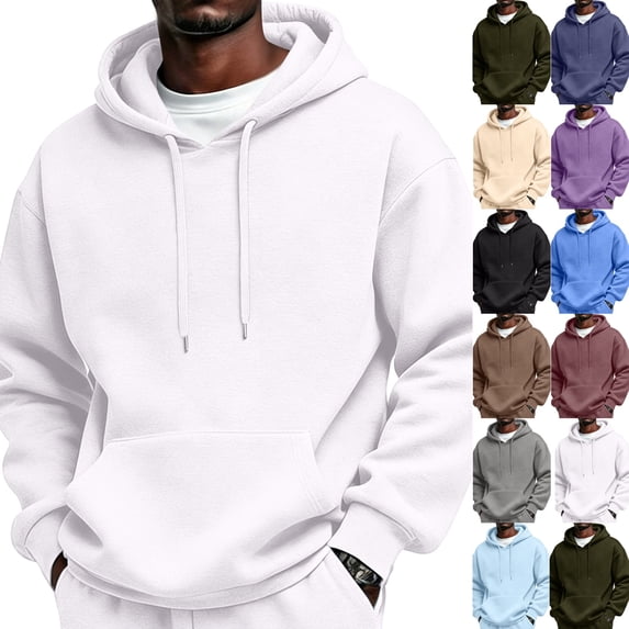 Hoodies for Men Comfort Long Sleeve Cotton Pullover Hoodies Winter Plain Oversized Hooded Sweatshirt with Pockets White 2XL