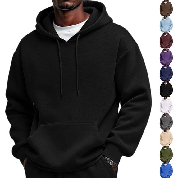 Hoodies for Men Comfort Long Sleeve Fleece Pullover Hoodies Winter Plain Oversized Hooded Sweatshirt with Pockets Black 2XL