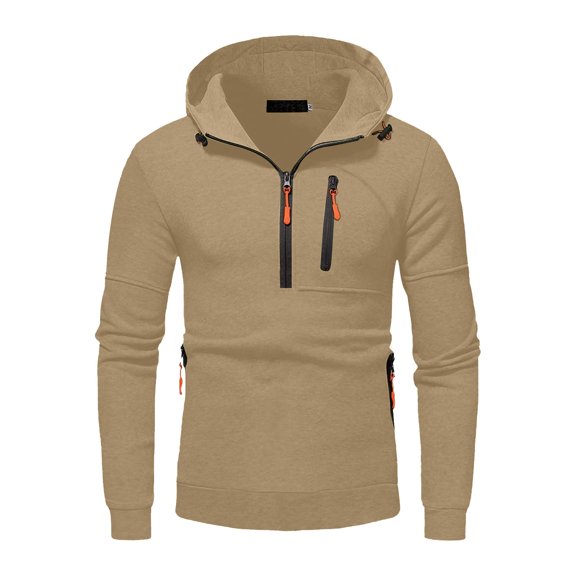 Hoodies for Men,Comfortable Quarter Zip Hoodie Lightweight Pullover Multiple Pockets for Outdoor Leisure,Zipper Hoodies for Men,05 Khaki,M