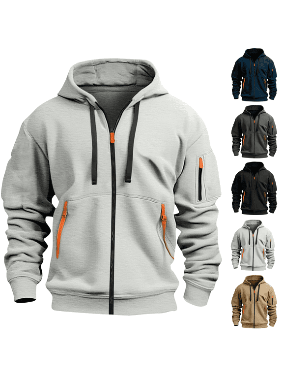 Hoodies for Men Full Zip Fleece Lined Work Tactical Cargo Sweatshirts Jacket Loose Fit Workout Pullover Hoodie Light Gray S