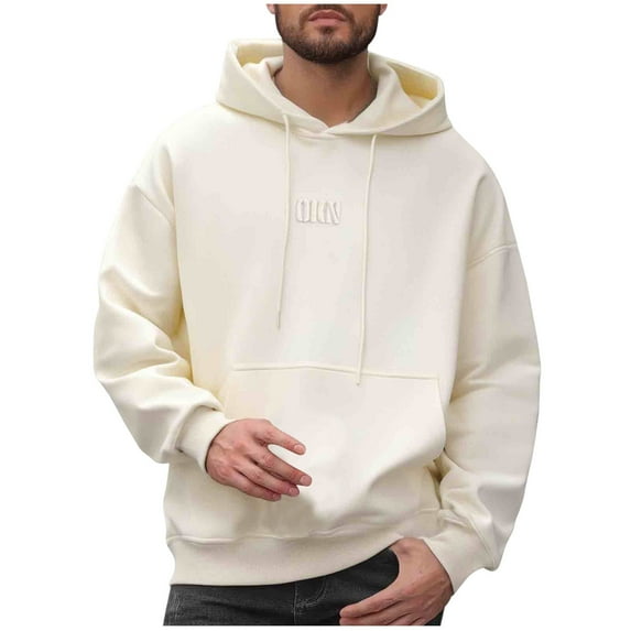 Hoodies for Men Full Zip Solid Color Sports Loose Drawstring Sweatshirts Long Sleeve Hooded Pocket Sweatshirt Beige XXXXL