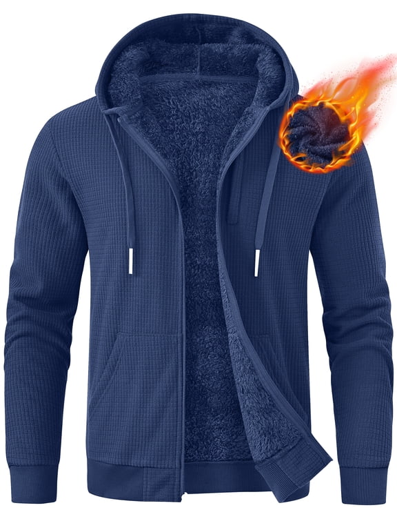 Men's Fleece Lined Hoodie Thick Hooded Jacket Winter Warm Sweatshirts Navy Blue M