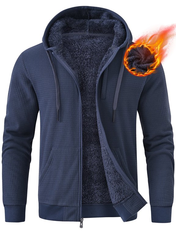 Men's Fleece Lined Hoodie Thick Hooded Jacket Winter Warm Sweatshirt Gray Blue XL