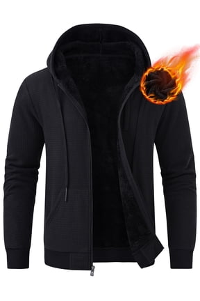 Men's Fleece Lined Jacket Thick Hooded Jacket Winter Warm Coats Black L