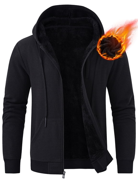 Men's Fleece Lined Jacket Thick Hooded Jacket Winter Warm Coats Black L