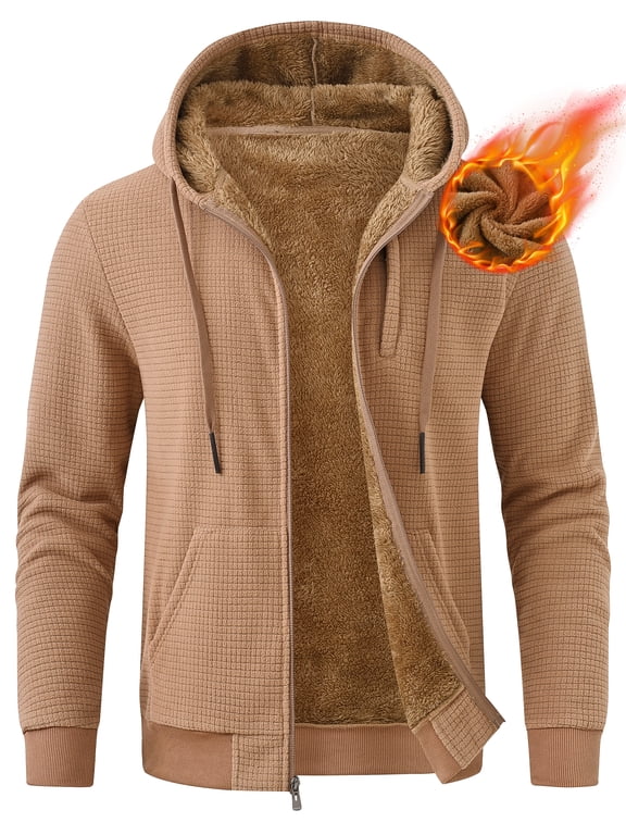 Men's Fleece Lined Hoodie Thick Hooded Jacket Winter Warm Sweatshirts Khaki XL