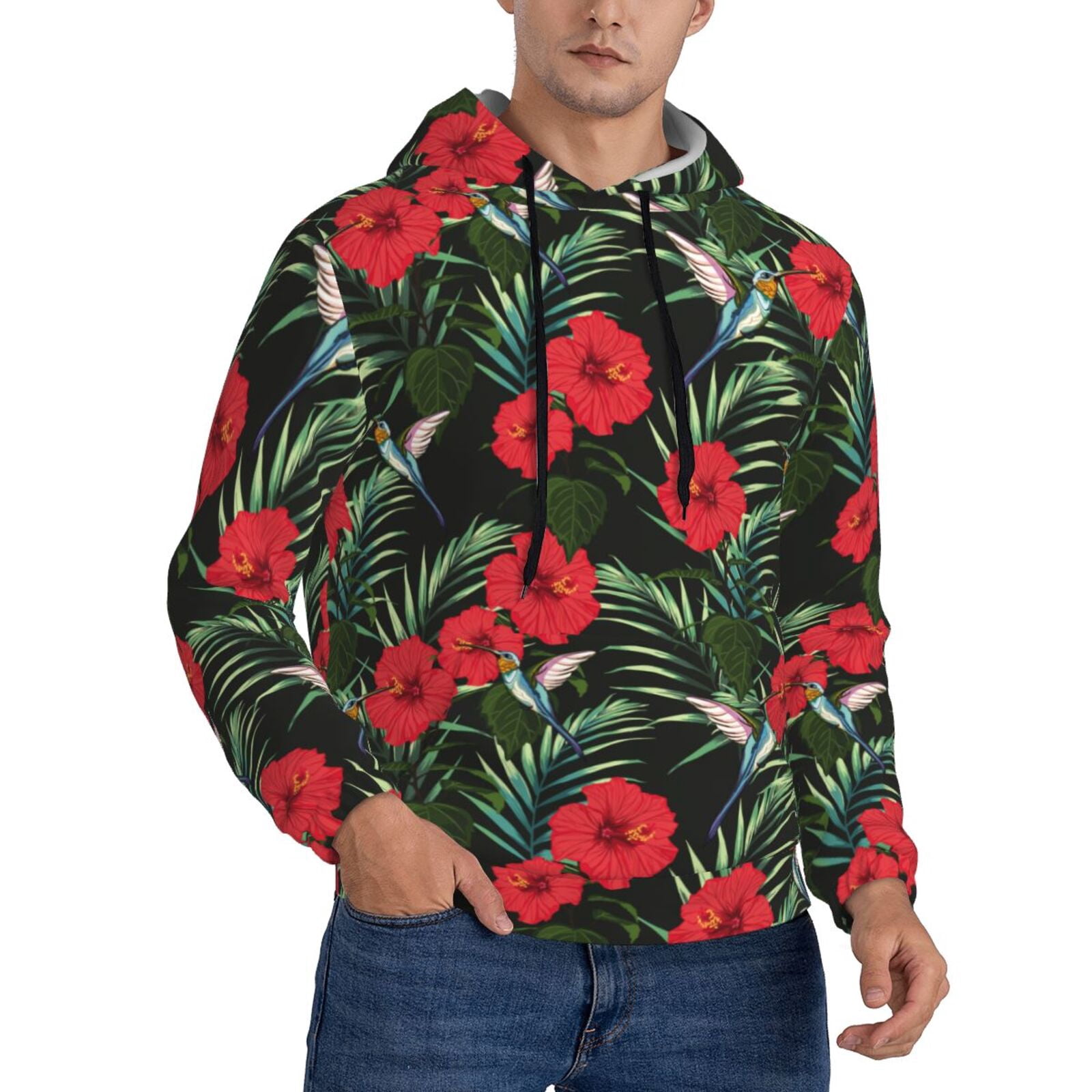 GLUDEAR Men's Polynesian Tribal Print Zip-Up Hoodie - Hibiscus Flower Design Long Sleeve Sweatshirt