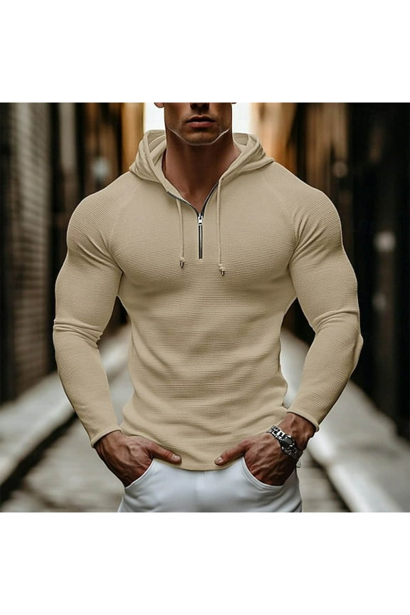 Hoodies for Men Knit Lightweight Quarter Zip Drawstring Soft Pullover Loose Fitted Raglan Long Sleeve Hooded Sweatshirts Trendy Comfy Solid Hoodie