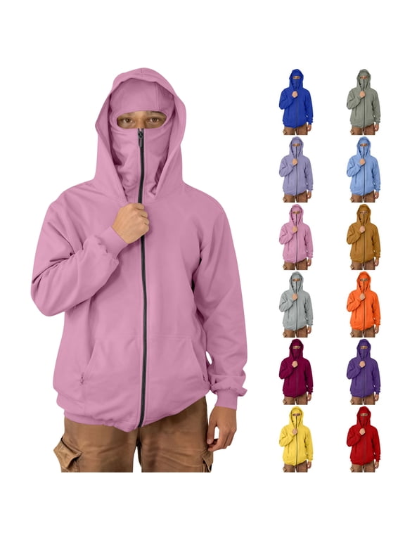 Hoodies for Men Lightweight Jackets Full Zip Men's Cargo Solid Color Pocket Warm Long Sleeved Double Hat Hooded Casual Pink S