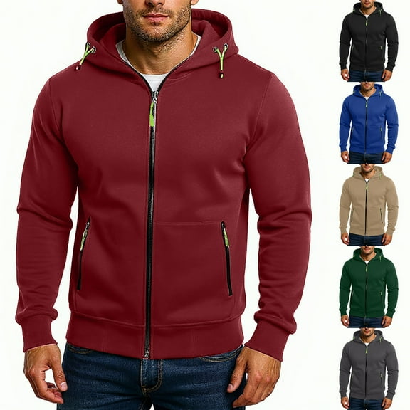 Hoodies for Men - Long Sleeve Zip up Hoodie Lightweight Sports Hooded Jacket with Zipper Pockets​ Wine XL
